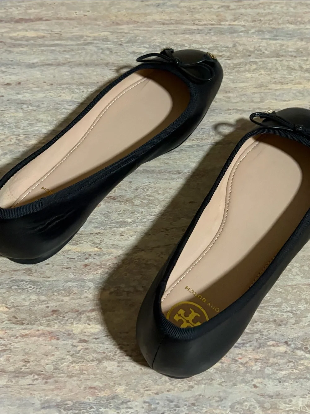 Tory Burch Laila Driver Black Leather Bow Ballet Flats with Gold Logo Charms